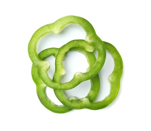 Photo of Rings of tasty green bell pepper on white background, top view