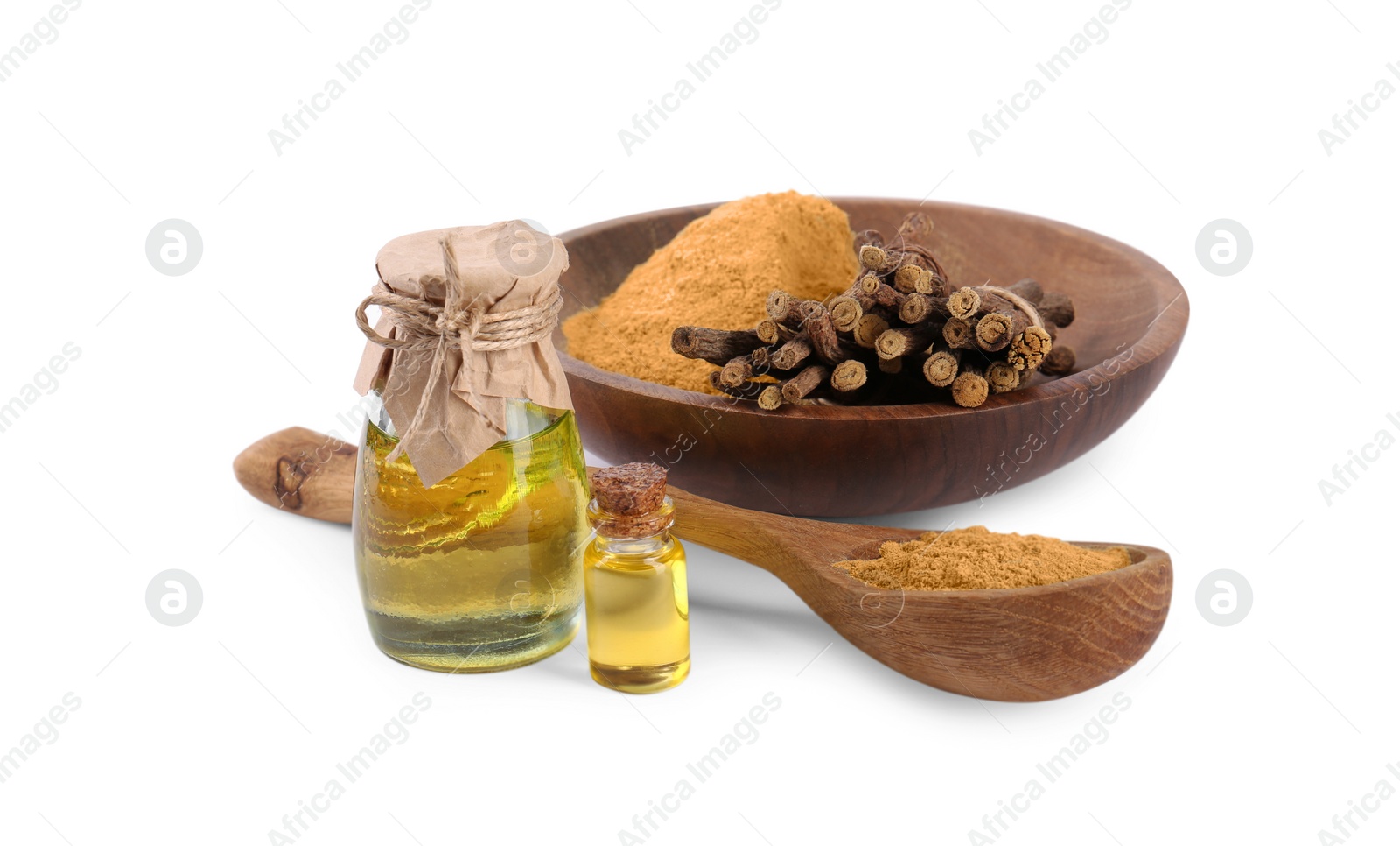 Photo of Dried sticks of licorice root, powder and essential oil isolated on white