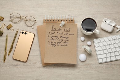 Photo of Flat lay composition with to do list on wooden table