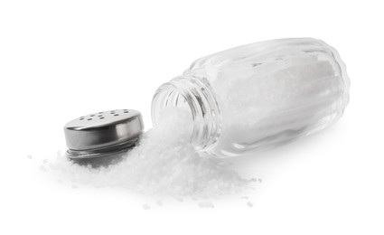 Photo of Natural salt in shaker isolated on white