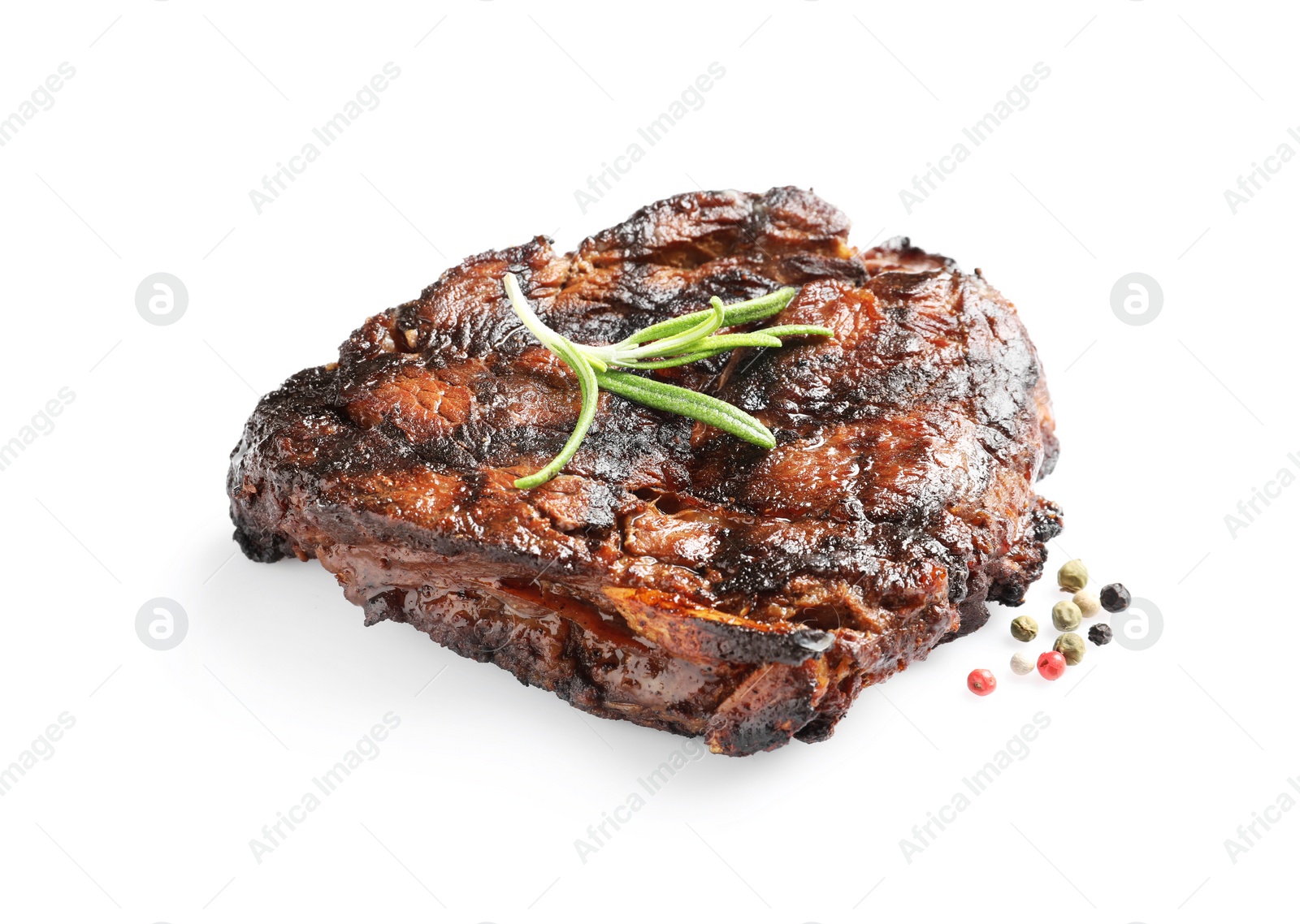 Photo of Delicious barbecued steak with rosemary on white background