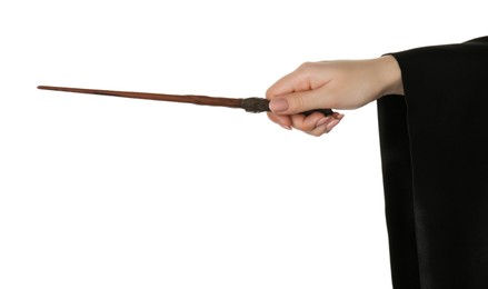 Wizard holding magic wand on white background, closeup