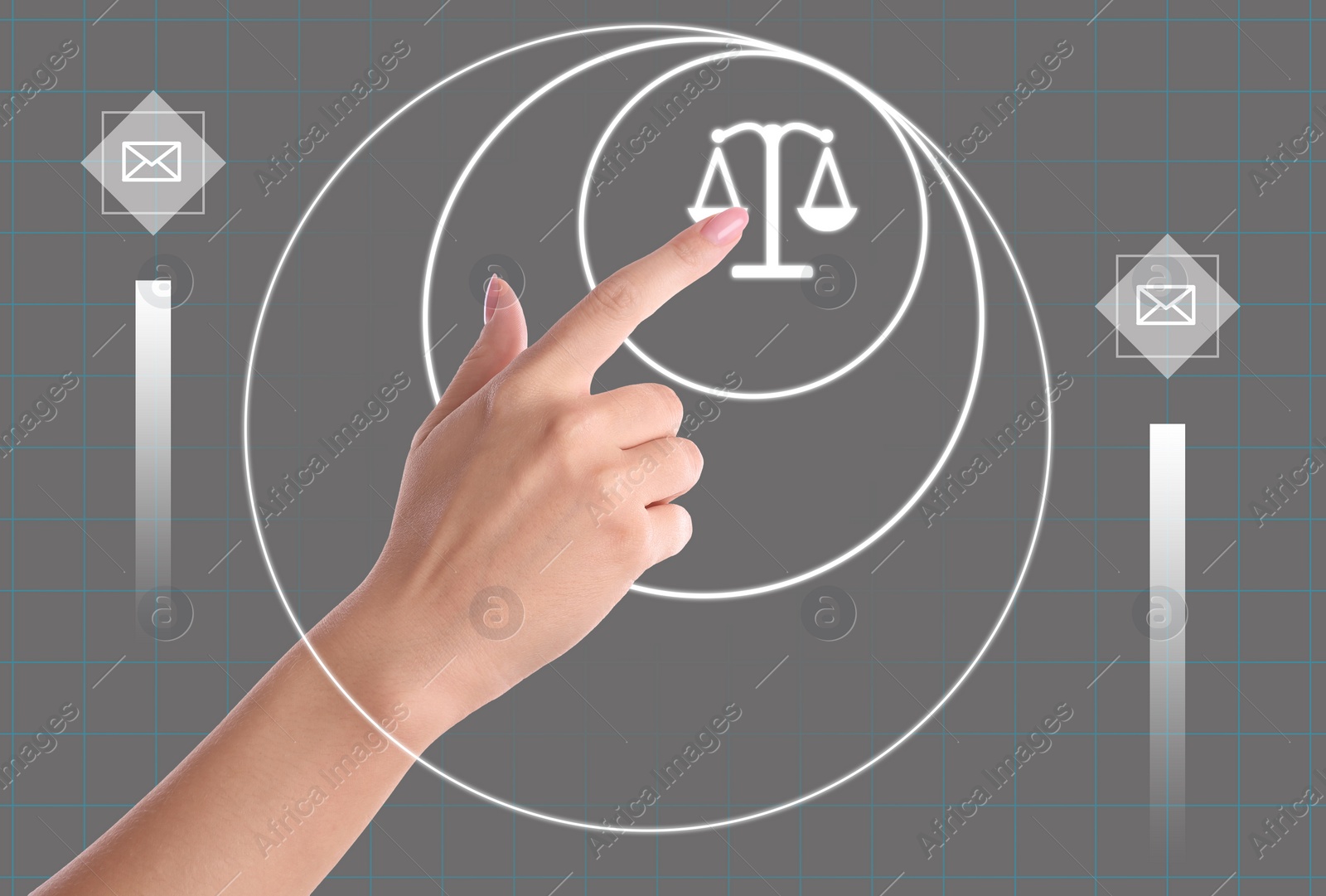 Image of Lawyer touching virtual screen with different icons, closeup 