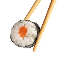 Chopsticks with tasty fresh sushi roll isolated on white