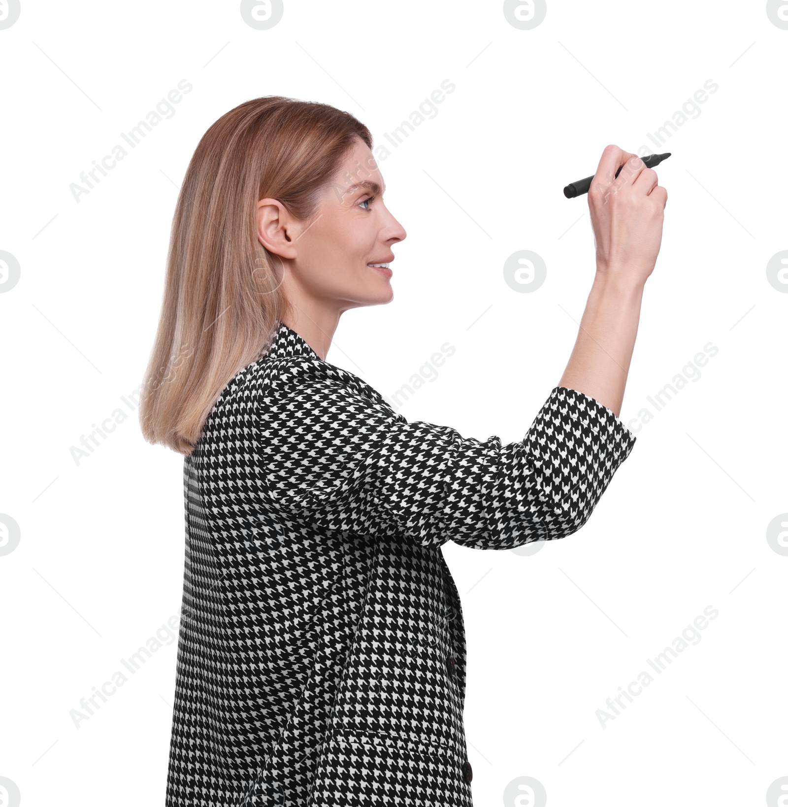 Photo of Beautiful happy businesswoman with marker on white background