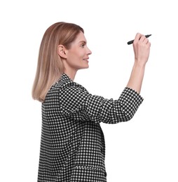 Beautiful happy businesswoman with marker on white background