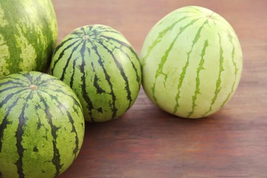 Different delicious ripe watermelons on wooden table