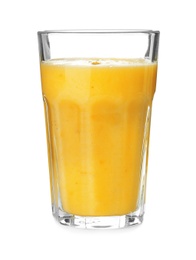 Glass with delicious detox smoothie on white background