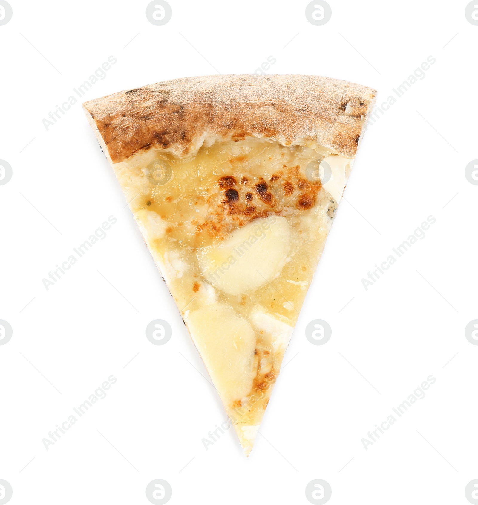 Photo of Slice of tasty cheese pizza isolated on white, top view