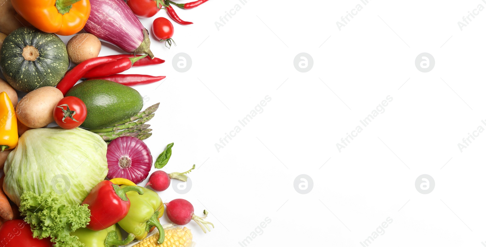 Photo of Flat lay composition with fresh vegetables on white background. Space for text