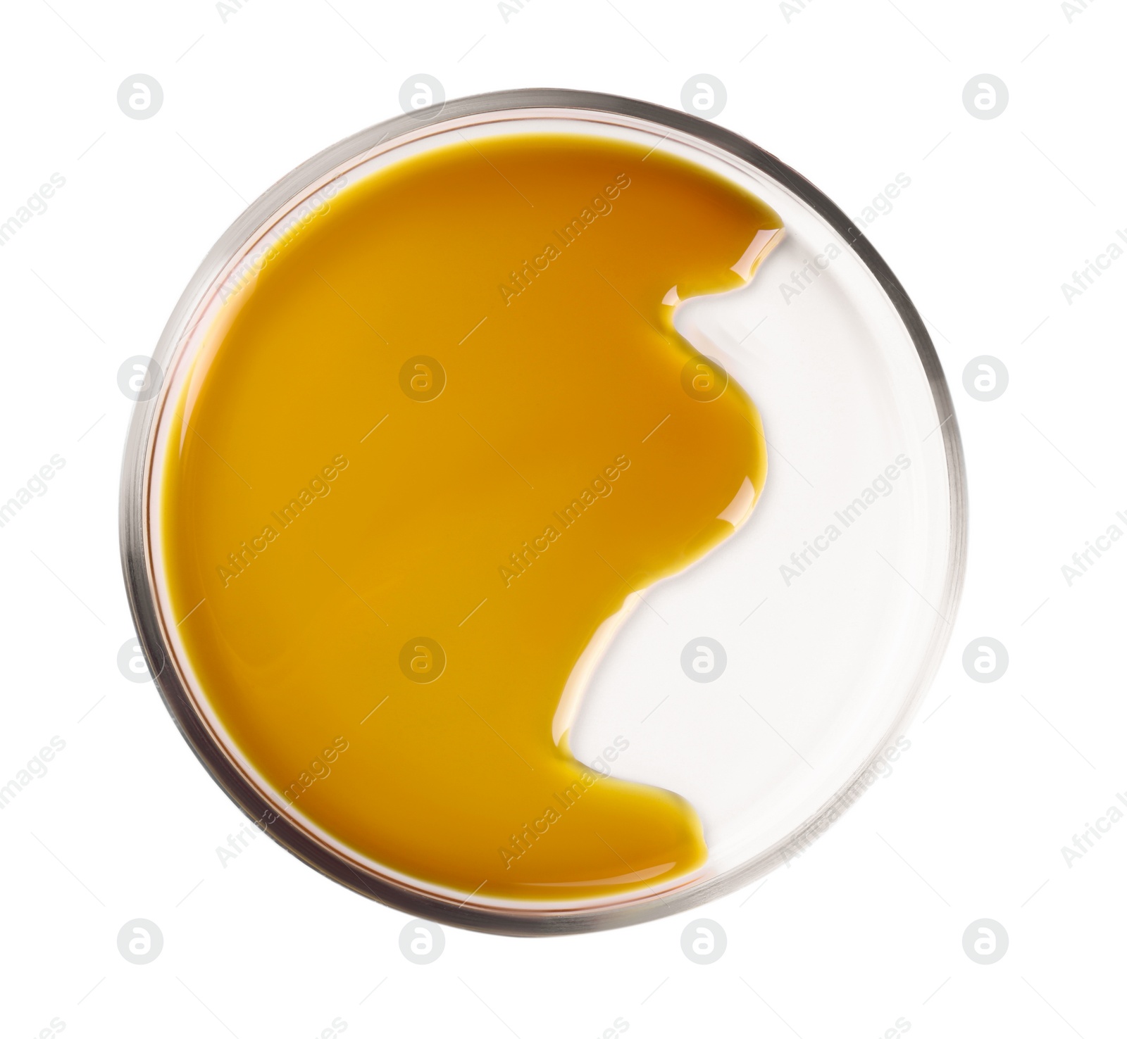 Photo of Petri dish with color liquid sample isolated on white, top view