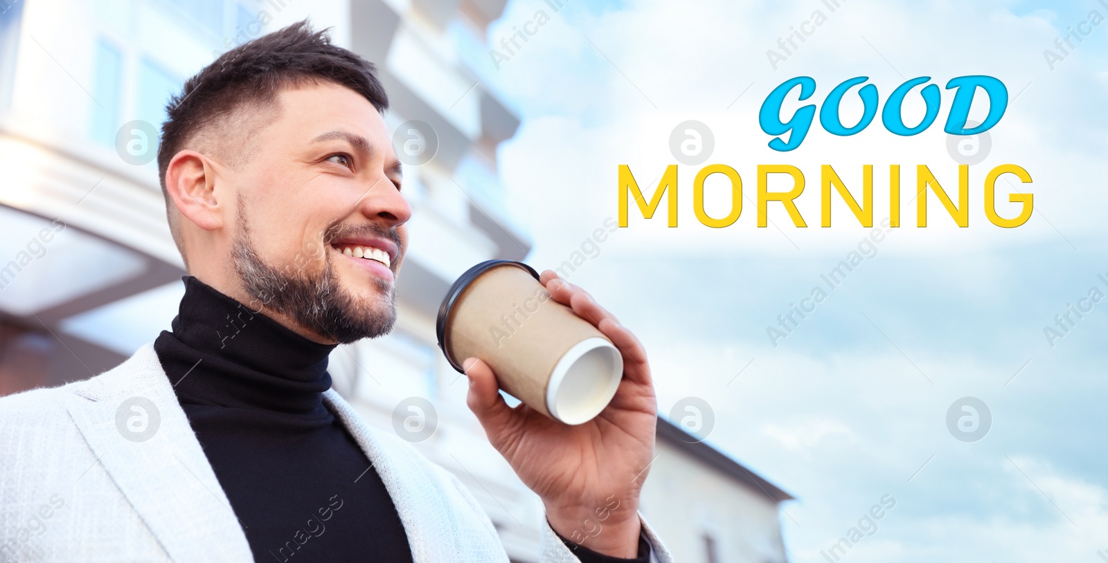 Image of Good Morning! Businessman with cup of coffee on city street, banner design