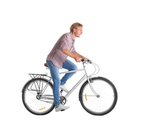 Photo of Handsome young man riding bicycle on white background