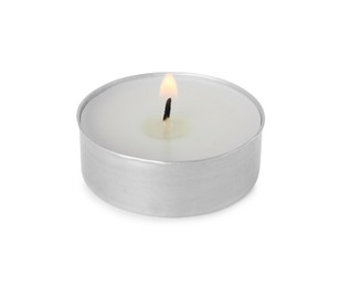 Burning candle in holder isolated on white
