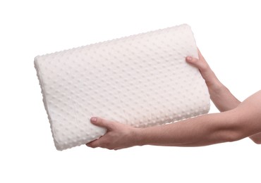 Man with orthopedic pillow on white background, closeup