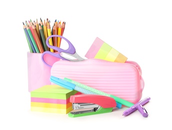 Set of different school stationery on white background