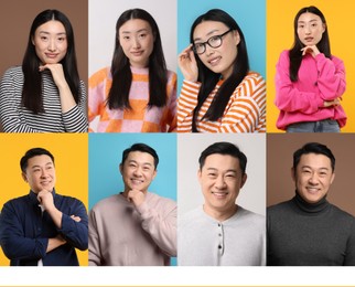 Image of Collage with photos of Asian woman and man on different color backgrounds