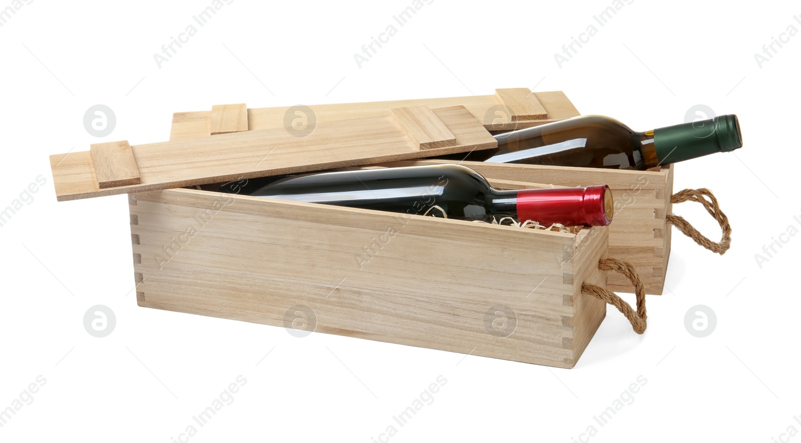 Photo of Wooden crates with expensive wine isolated on white