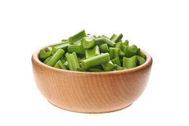 Photo of Bowl of chopped fresh green celery isolated on white