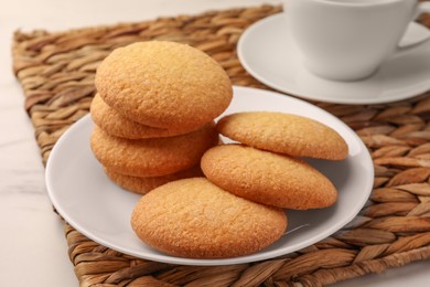 Photo of Delicious Danish butter cookies on table, closeup