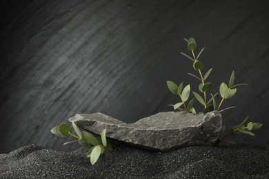 Photo of Presentation of product. Stone podium and green branches on black sand against dark textured background. Space for text