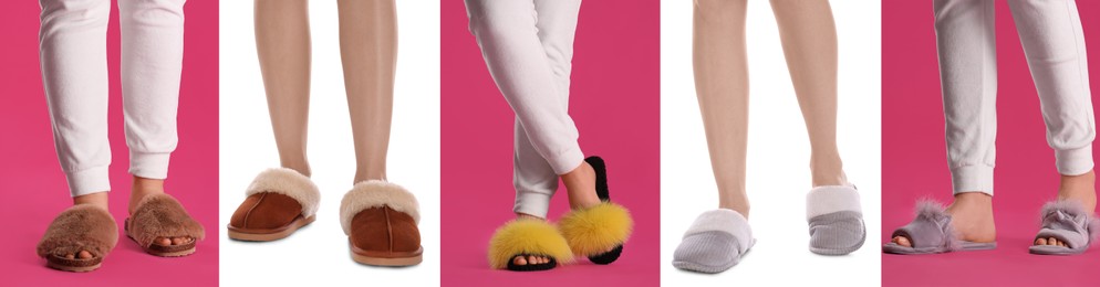Image of Collage with photos of women wearing stylish slippers on different color backgrounds, closeup. Banner design