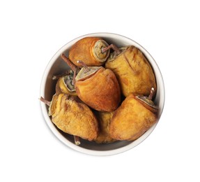 Tasty dried persimmon fruits in bowl on white background, top view