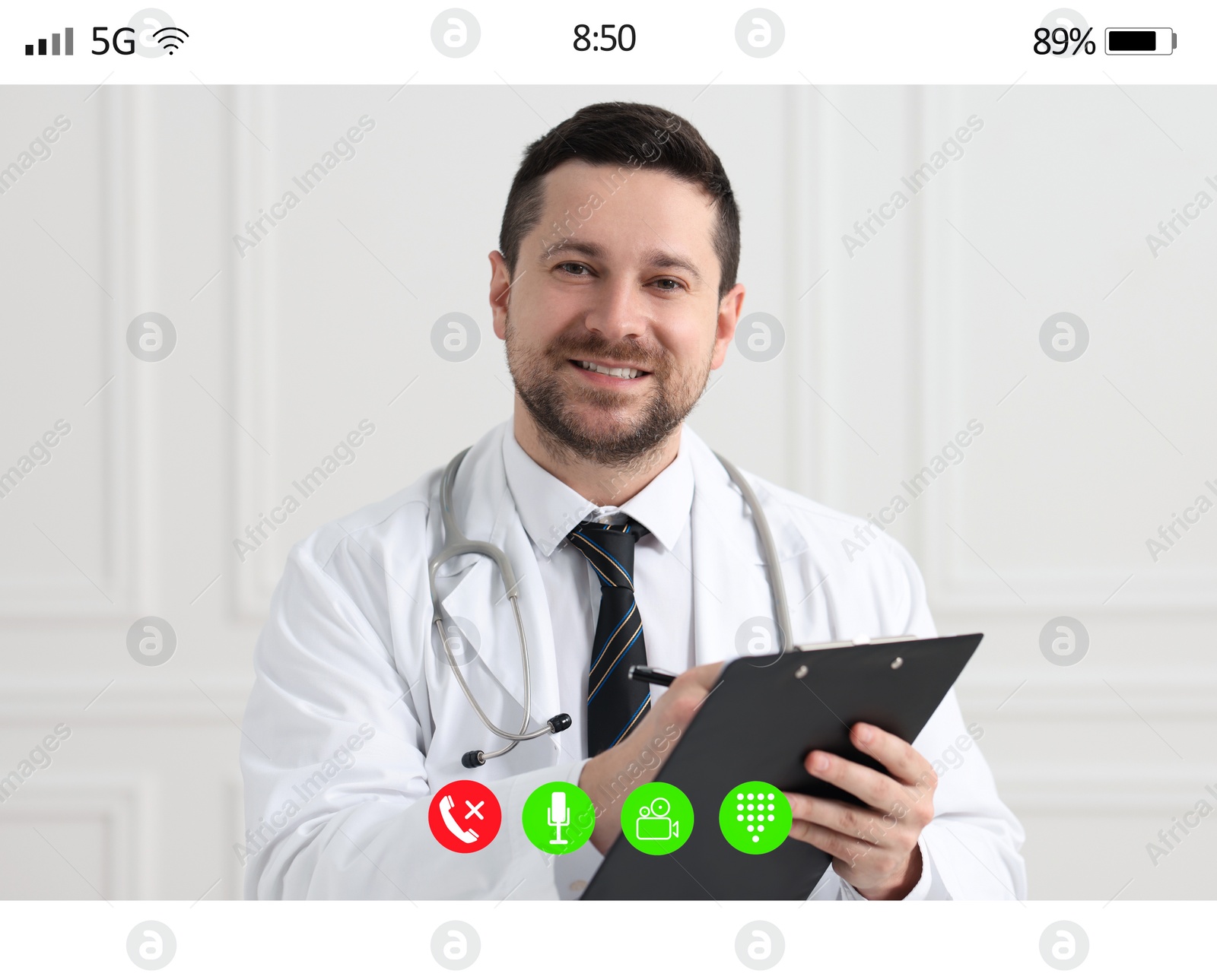 Image of Online medical consultation. Doctor working via video chat application