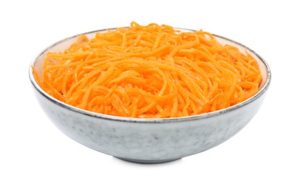 Photo of Delicious Korean carrot salad in bowl isolated on white