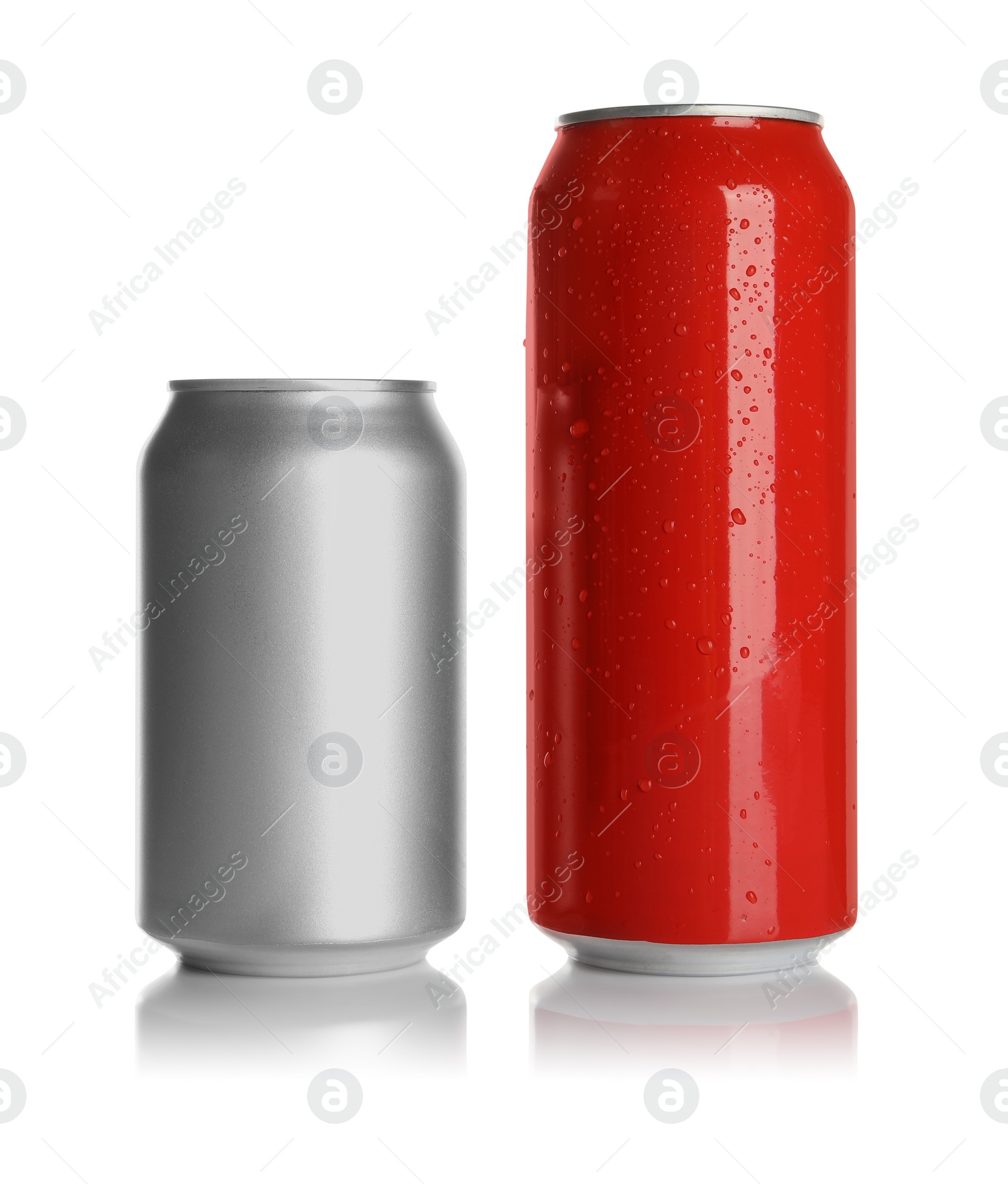 Photo of Aluminum cans with drinks on white background