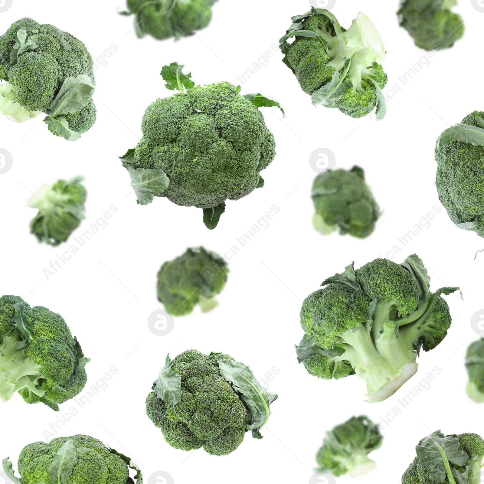 Image of Set of fresh green broccoli falling on white background