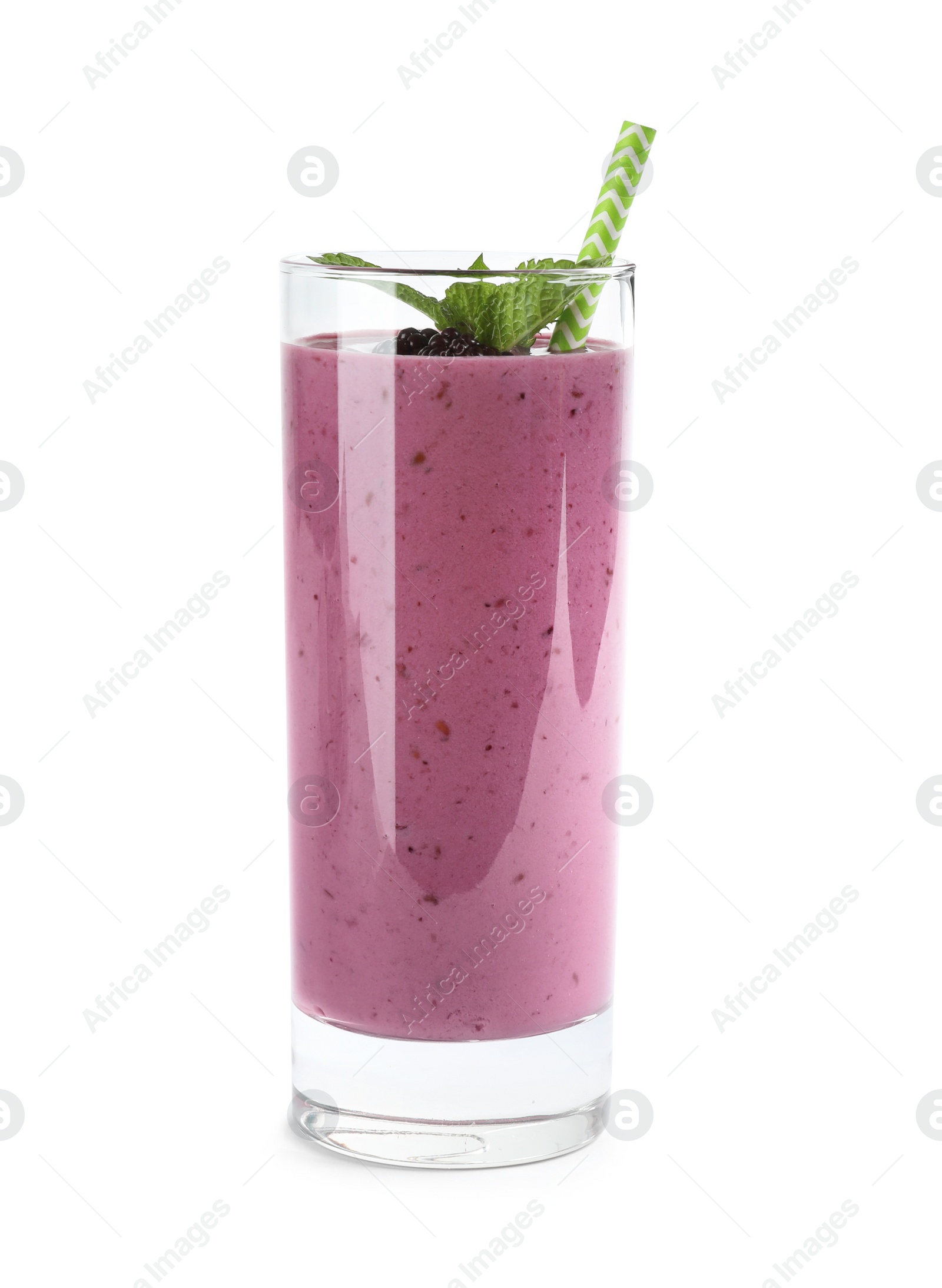 Photo of Delicious blackberry smoothie in glass on white background