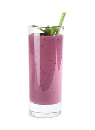 Photo of Delicious blackberry smoothie in glass on white background