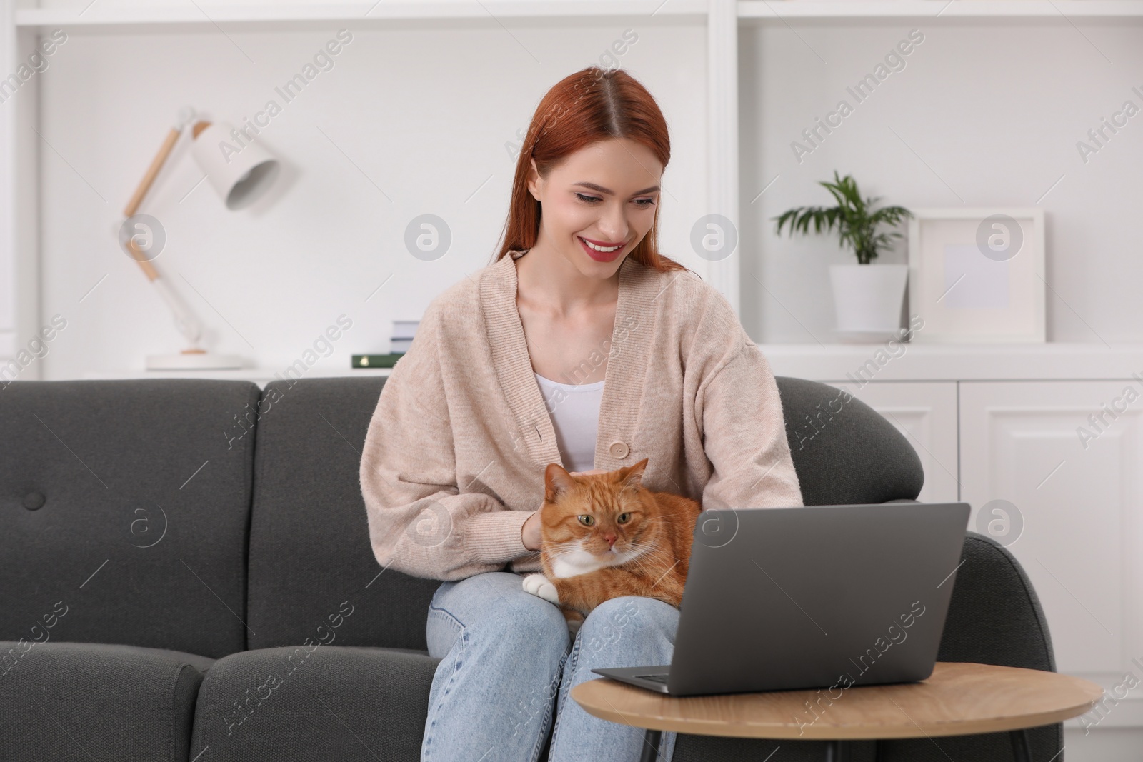 Photo of Happy woman with cat working on sofa at home