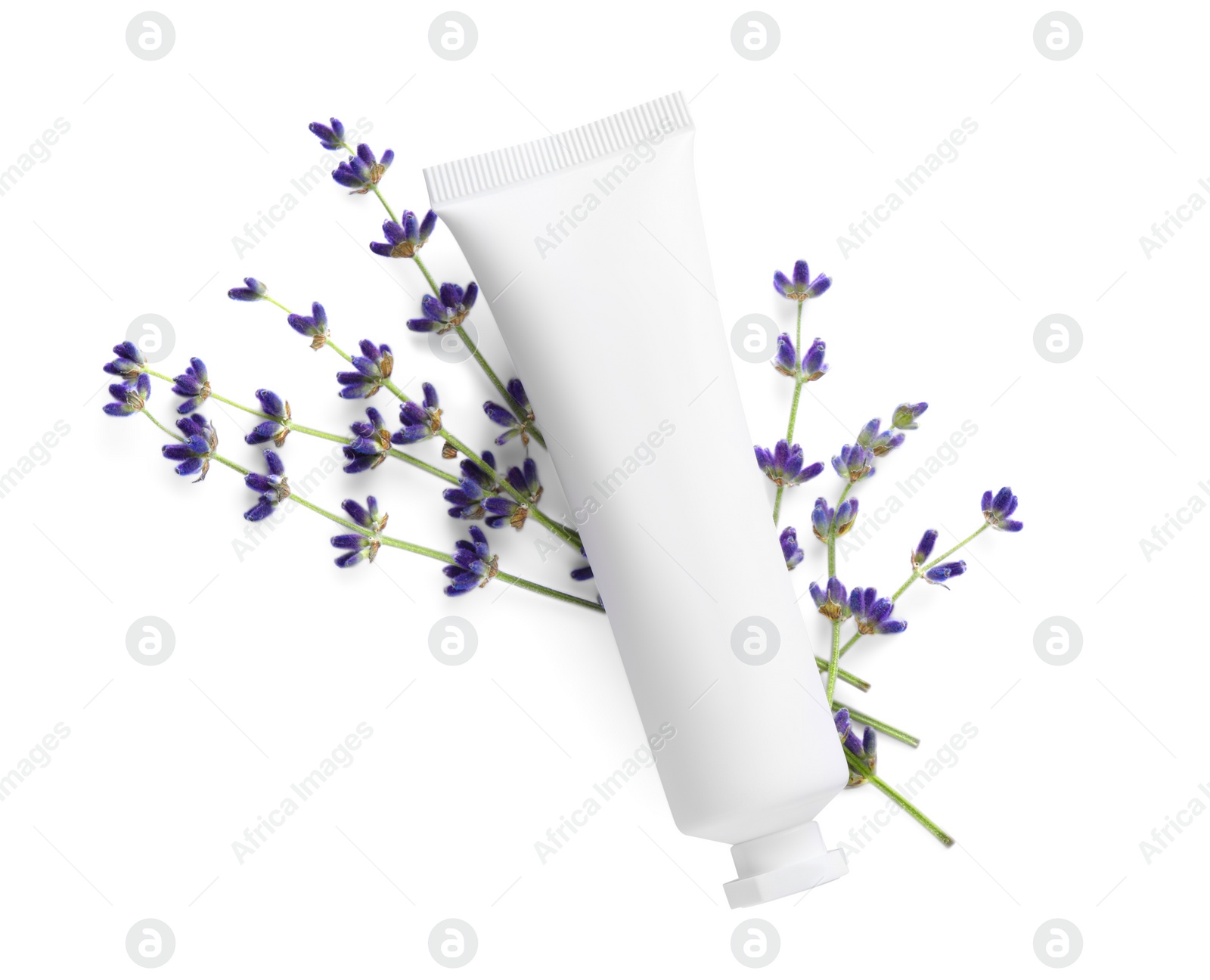 Photo of Tube of hand cream and lavender on white background, top view