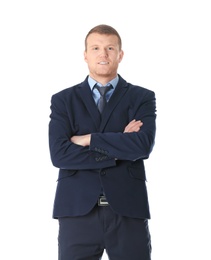 Photo of Successful business trainer with crossed arms on white background