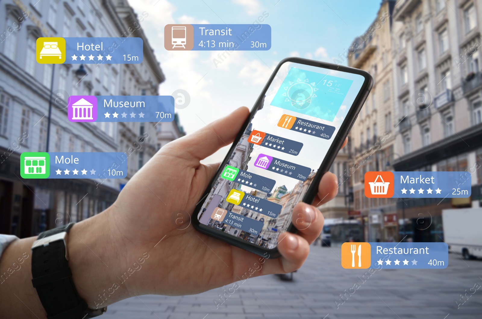 Image of Tourist using online guide application on smartphone for navigation in city, closeup. Augmented reality information technology