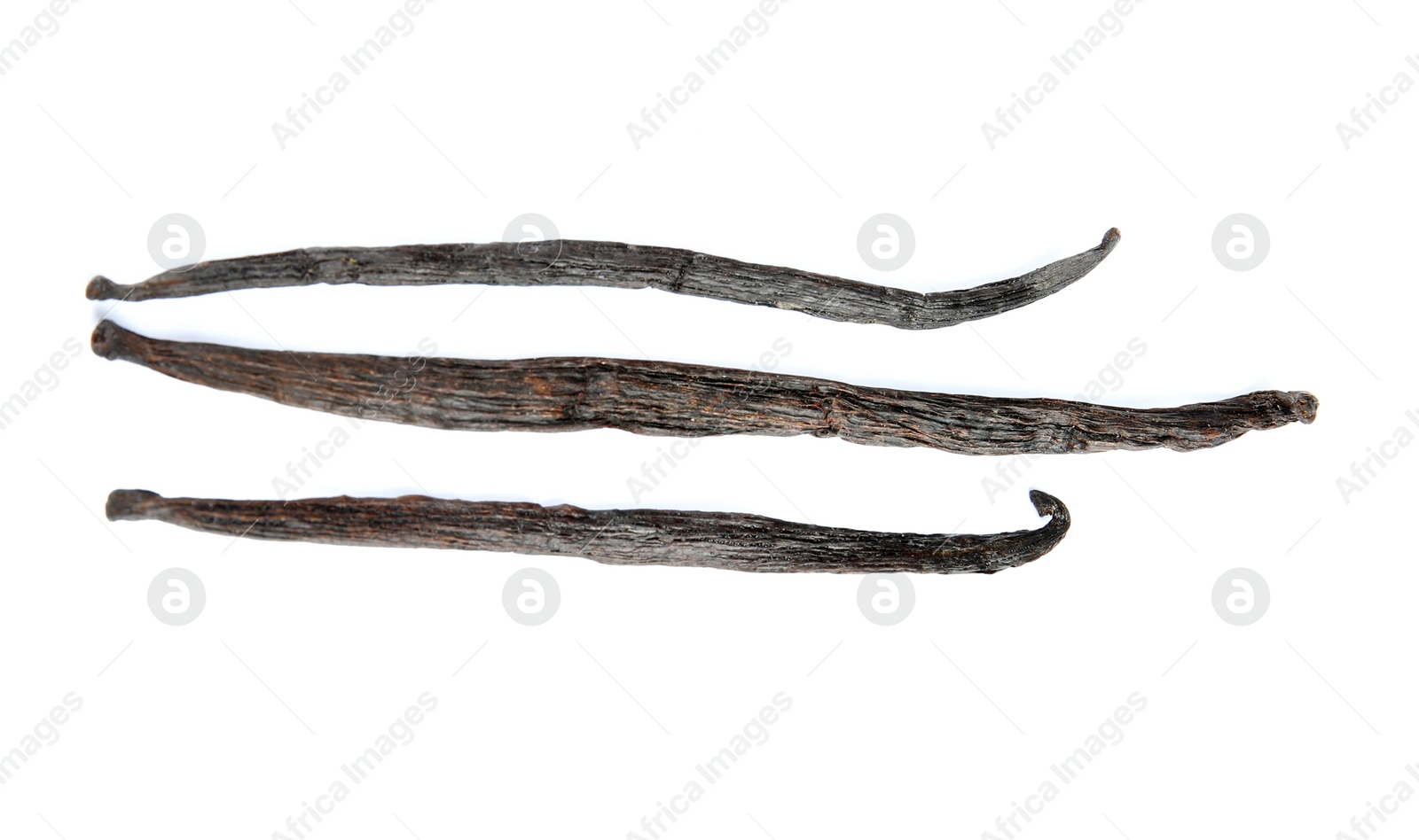 Photo of Dried aromatic vanilla sticks on white background, top view