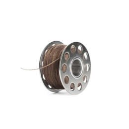 Metal spool of brown sewing thread isolated on white