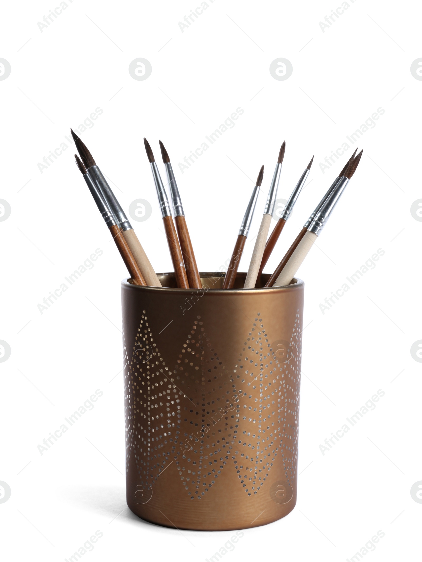 Photo of Holder with different paint brushes on white background