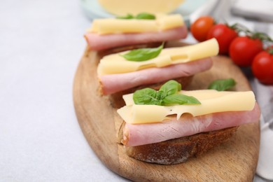 Delicious sandwiches with ham and cheese on light table, closeup. Space for text