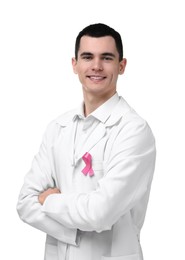 Photo of Portrait of smiling mammologist with pink ribbon on white background. Breast cancer awareness