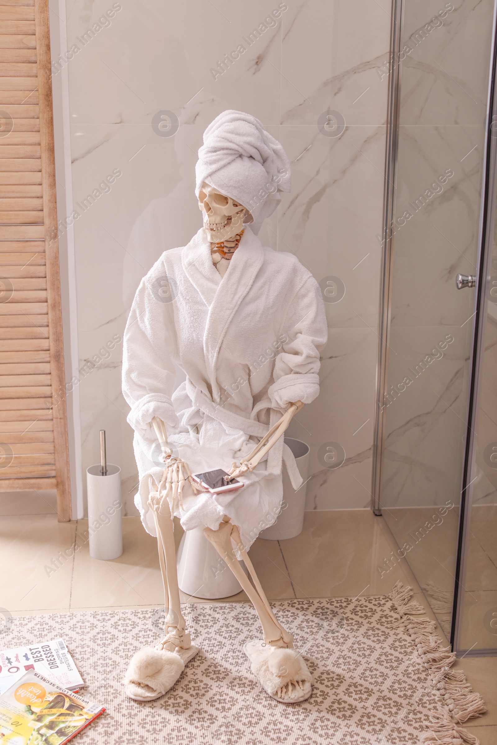 Photo of Skeleton in bathrobe with mobile phone sitting on toilet bowl