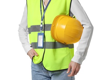 Engineer with hard hat and badge on white background, closeup
