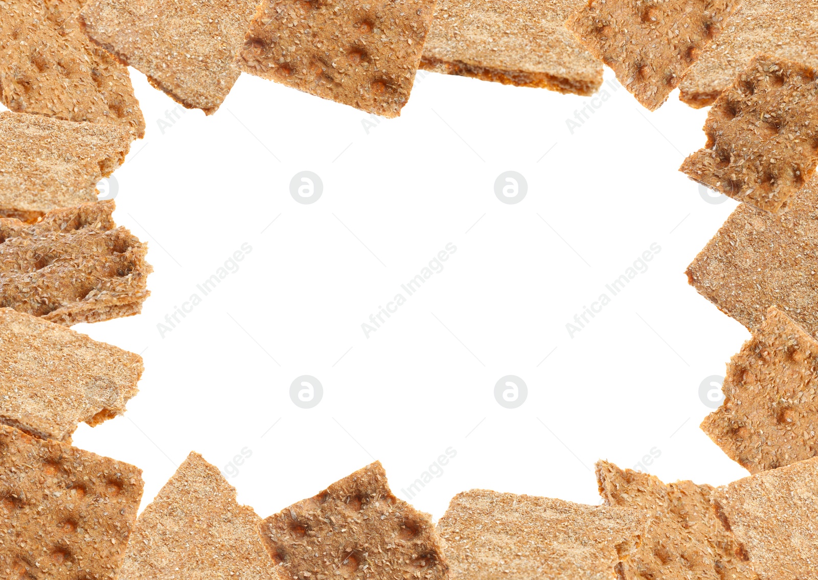 Image of Frame of fresh crunchy rye crispbreads on white background, space for text