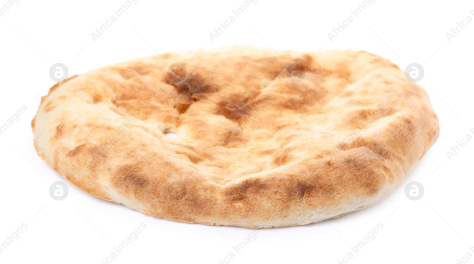 Photo of Loaf of delicious fresh pita bread on white background