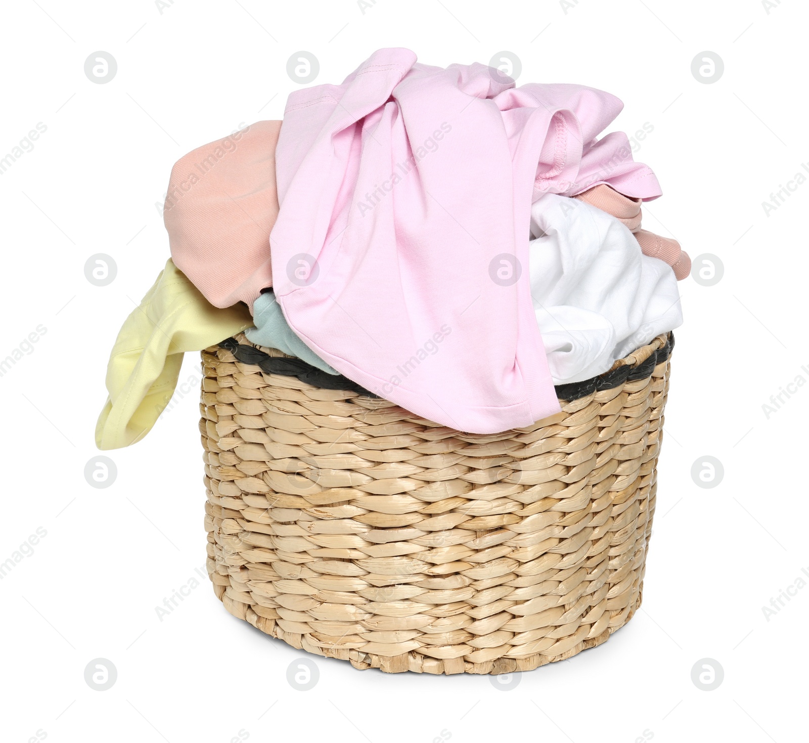 Photo of Wicker laundry basket with clean colorful clothes isolated on white