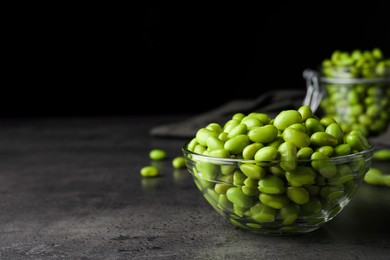 Bowl of delicious edamame beans on grey table against dark background, space for text