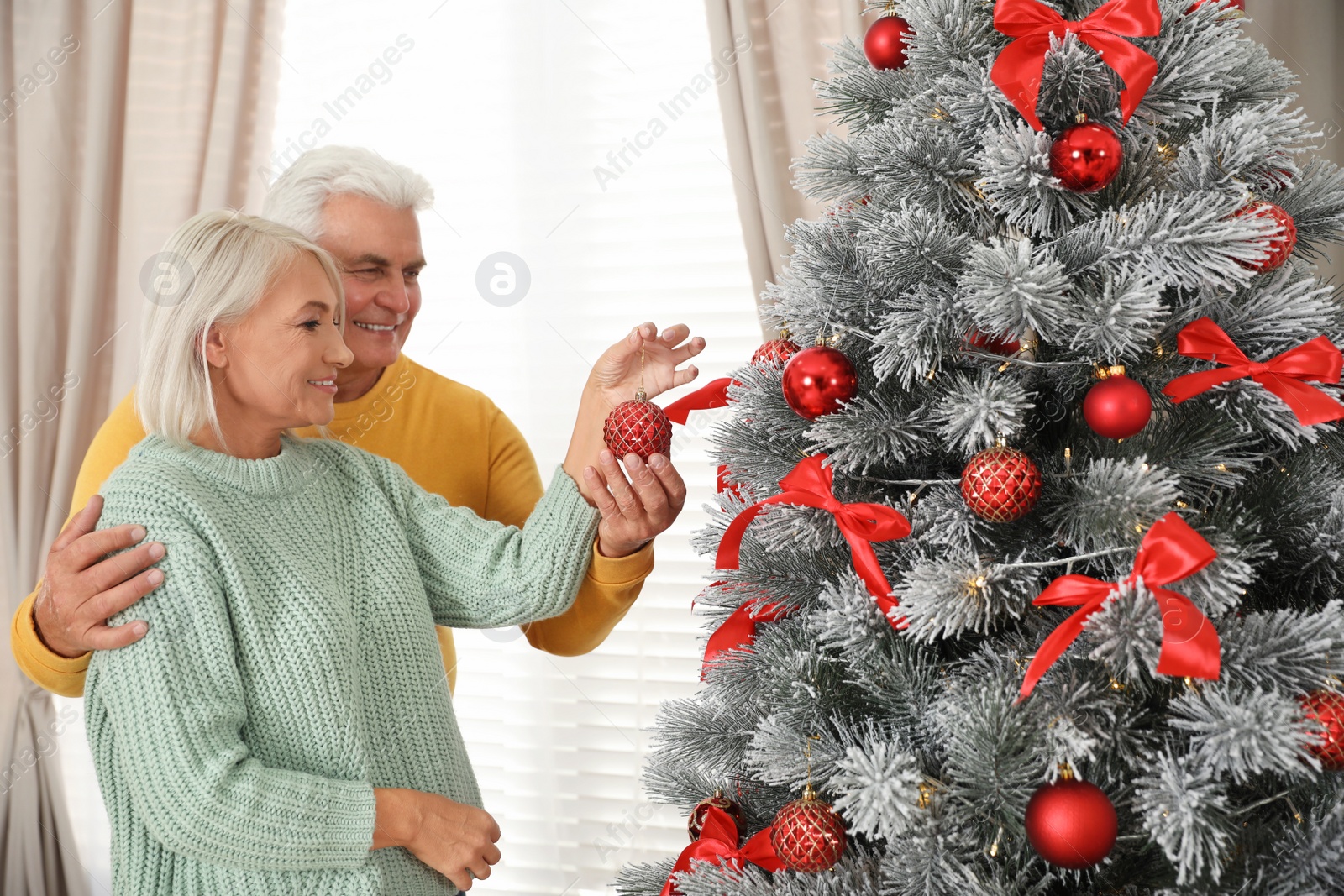 Photo of Happy mature couple decorating Christmas tree at home