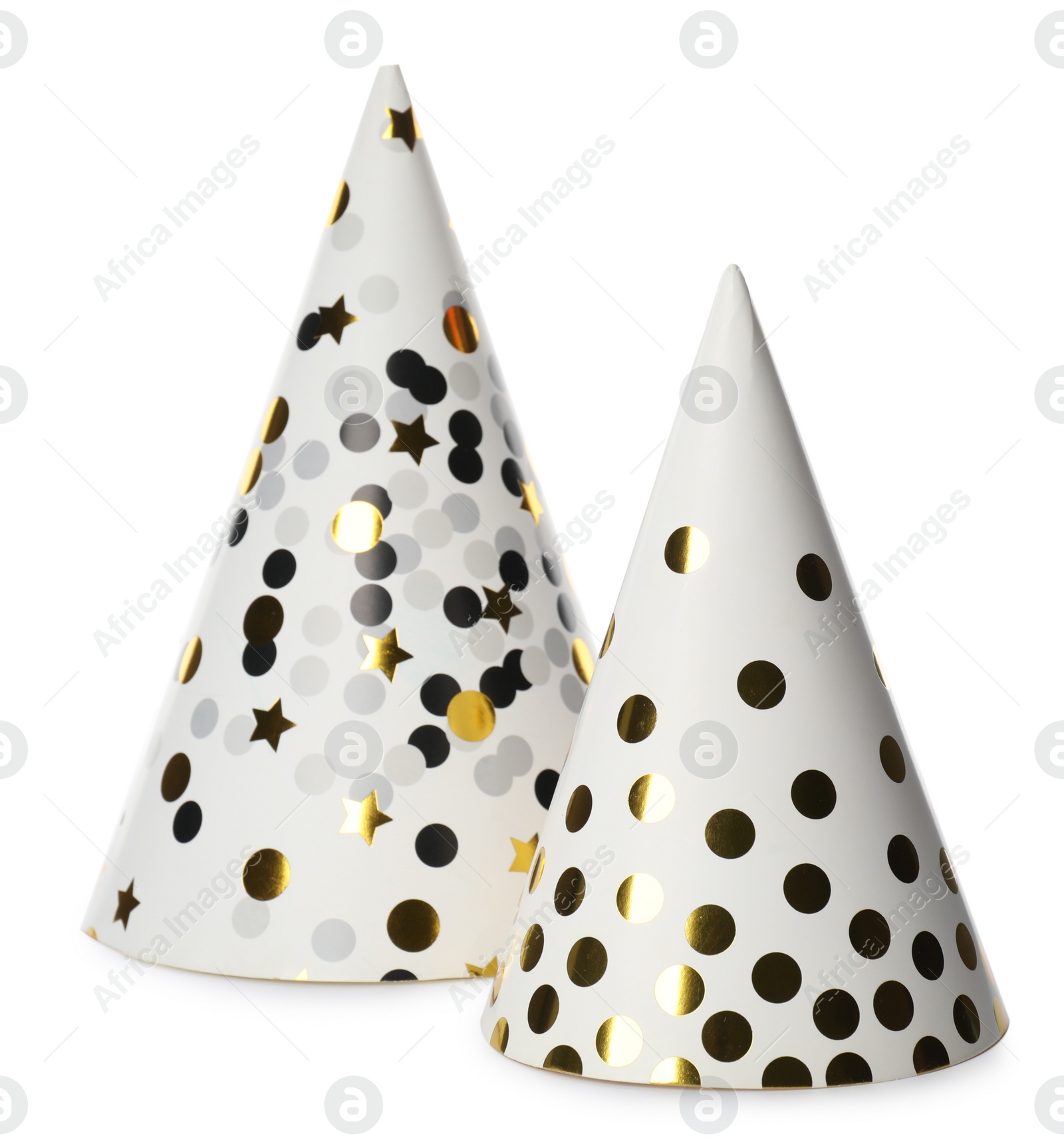 Photo of Party hats on white background. Festive items